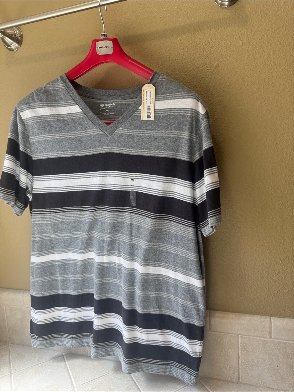 Arizona Jean Company Black, Gray & White Striped V-Neck Tee